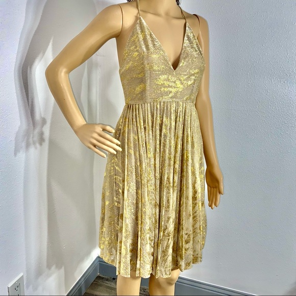 Sam Edelman Gold Metallic V-Neck pleated dress XS - Picture 2 of 15